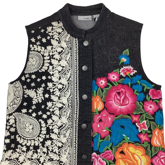 Chico’s Platinum Embroidered Black Denim Vest - Picture 3 of 10